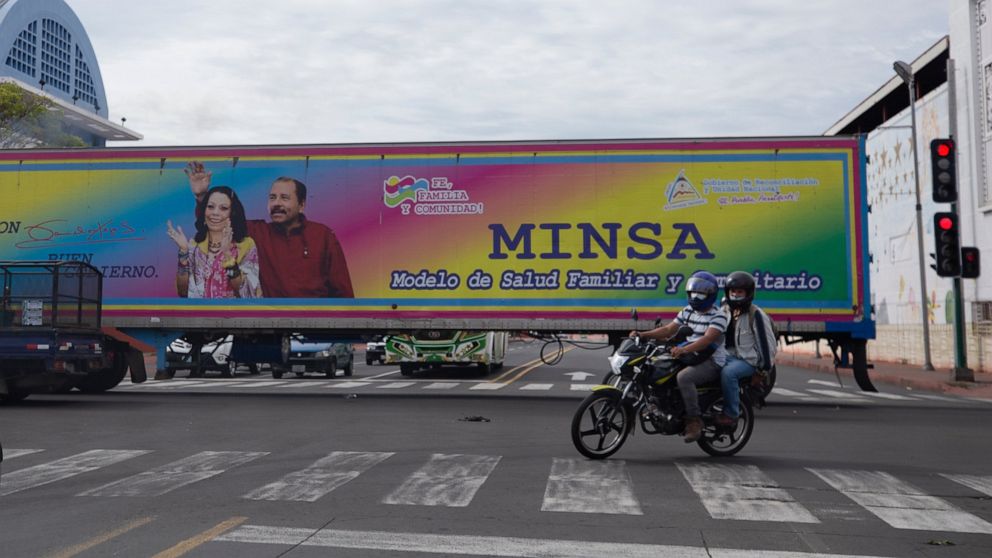 FILE - In this June 17, 2021 file photo, a billboard promoting President Daniel Ortega and his wife and Vice President Rosario Murillo covers a truck driving through Managua, Nicaragua. The U.S. State Department announced Monday, July 12, 2021 it is 