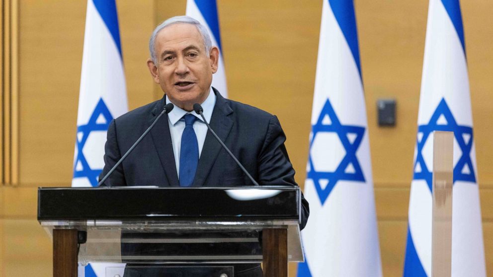 Israeli Prime Minister Benjamin Netanyahu speaks to the Israeli Parliament in Jerusalem, Sunday, May 30, 2021. (Yonatan Sindel/Pool via AP)