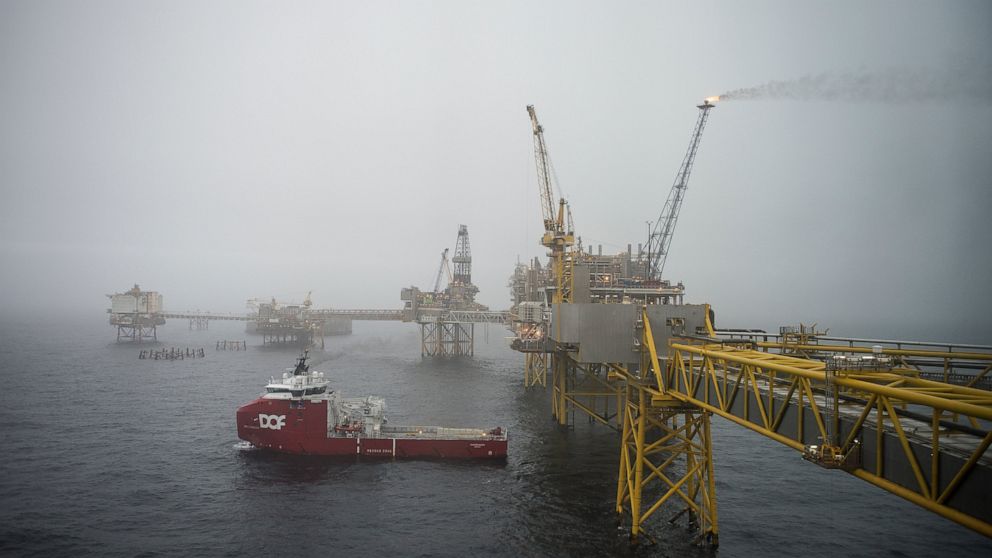 FILE - The Ekofisk oil field off the North Sea in Norway, Oct. 24, 2019. Norway’s exports have reached a record in July that is driven mainly by higher natural gas prices. The Scandinavian country’s statistics agency on Monday, Aug. 15, 2022 said Nor