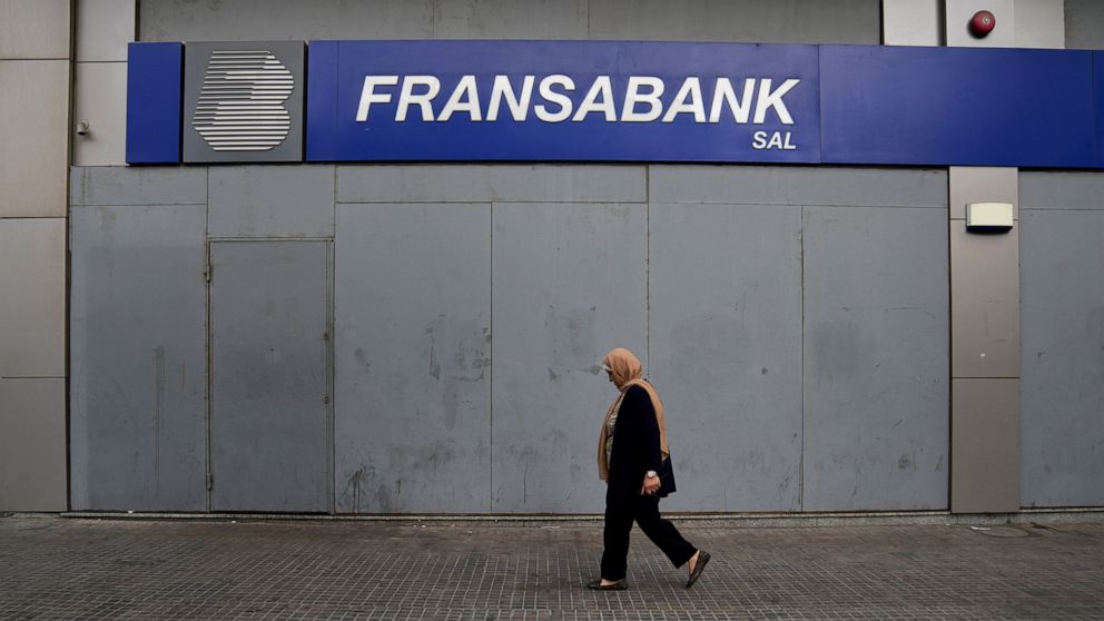 The facade of a closed Fransabank bank branch is covered with metal sheets to prevent acts of sabotage in Beirut, Lebanon, Tuesday, Sept. 20, 2022. Lebanese banks closed their doors for three days on Sept. 19 to protest recent attacks and heists by d