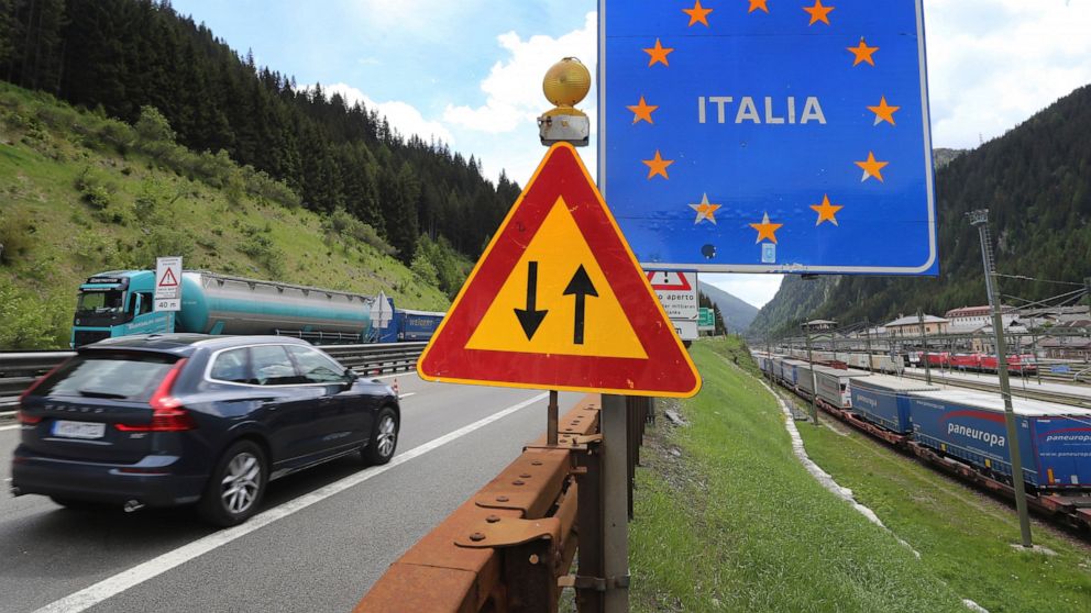 A car from Germany drives from Austrian to Italy at the Brenner Pass boarder crossing, Italy, Wednesday, June 3, 2020. Italy opened its borders to the citizens of the EU and Switzerland this June 3, following a Coronavirus lockdown with closed boarde