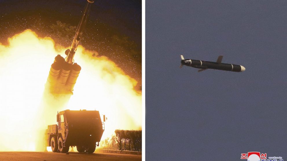 This combination of photos provided by the North Korean government on Monday, Sept. 13, 2021, shows long-range cruise missiles tests held on Sept. 11 -12, 2021 in an undisclosed location of North Korea. North Korea says it successfully test fired wha