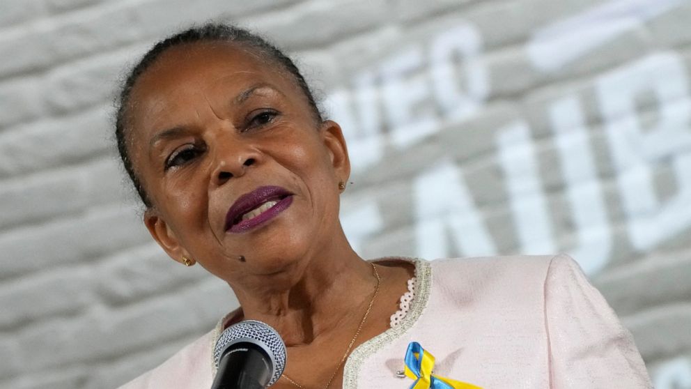 French leftist presidential candidate Christiane Taubira, wearing a ribbon under the colours of Ukraine, delivers a speech in Paris, Wednesday, March 2, 2022. Christiane Taubira announced she withdraws from the race due to the lack of sponsors. All c