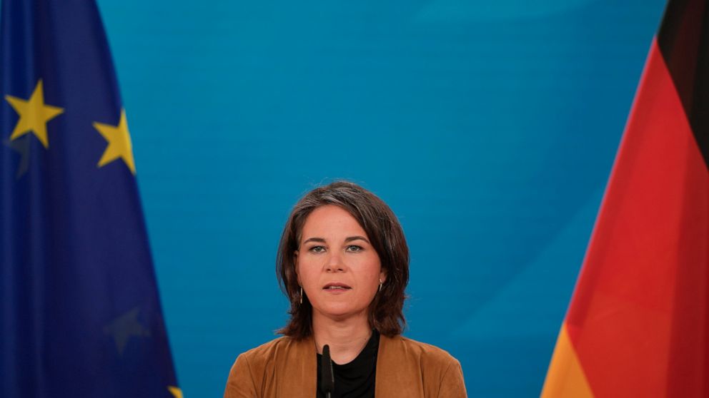German Foreign Minster Annalena Baerbock briefs the media about Germany's Afghanistan policy at the Foreign Ministry during a news conference in Berlin, Germany, Thursday, June 23, 2022. (AP Photo/Markus Schreiber)