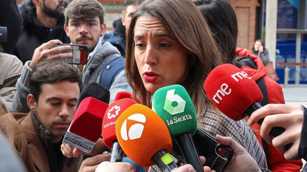 Spain's Equality Minister Irene Montero speaks with journalists in Madrid, Spain, Wednesday Nov. 16, 2022. Spain's judges are up in arms after the country's Equality Minister Irene Montero accused them of 'machismo' for reducing prison terms for seve