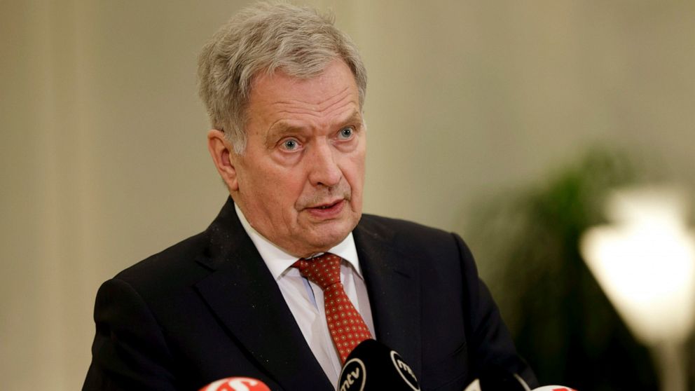 President of Finland Sauli Niinisto speaks during the press conference after the NATO Summit at the official Presidential residence Mantyniemi in Helsinki, Finland, Friday Feb. 25, 2022. (Seppo Samuli/Lehtikuva via AP)