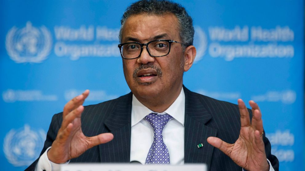 FILE - In this Monday, March 9, 2020 file photo, Tedros Adhanom Ghebreyesus, Director General of the World Health Organization speaks during a news conference on updates regarding the novel coronavirus COVID-19, at the WHO headquarters in Geneva, Swi