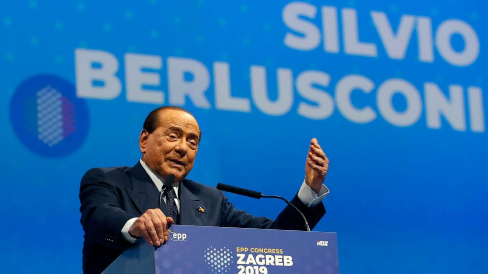 FILE - In this Nov. 21, 2019 file photo, Silvio Berlusconi, Italian former Premier and President of Forza Italia (Go Italy) party speaks during the European Peoples Party (EPP) congress in Zagreb, Croatia. Sen. Lucia Ronzulli, who is a top aide to Si