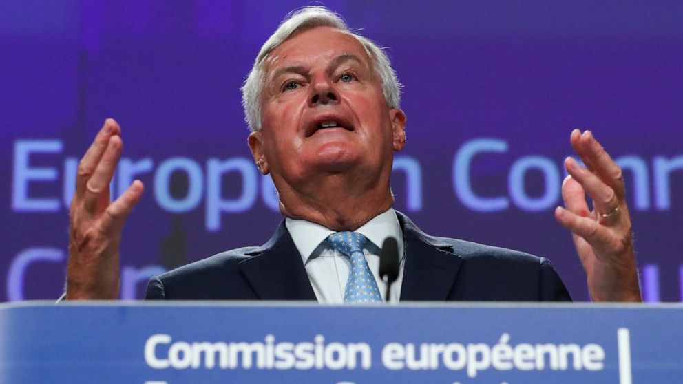 European Union chief Brexit negotiator Michel Barnier speaks during a media conference after Brexit trade talks between the EU and the UK, in Brussels, Friday, Aug. 21, 2020. (Yves Herman, Pool Photo via AP)