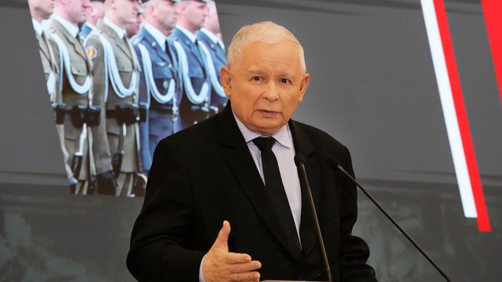 FILE - Poland's deputy prime minister and head of the ruling party, Jaroslaw Kaczynski speaks during a news conference in Warsaw, Poland, on Feb. 22, 2022. A court in Warsaw is to open a privacy invasion case brought by Poland's most powerful politic