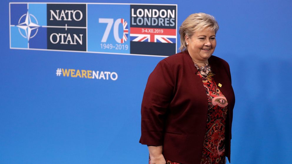 Norway's Prime Minister Erna Solberg arrives for a NATO leaders meeting at The Grove hotel and resort in Watford, Hertfordshire, England, Wednesday, Dec. 4, 2019. As NATO leaders meet and show that the world's biggest security alliance is adapting to