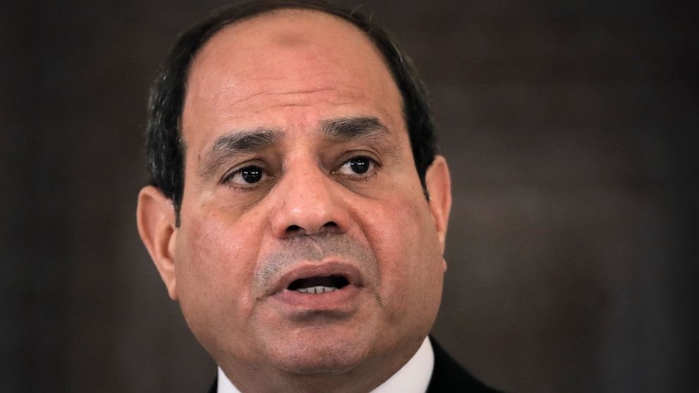 FILE - Egyptian President Abdel Fattah el-Sisi speaks during a press conference in Bucharest, Romania, June 19, 2019. President Abdel Fattah el-Sissi of Egypt has announced a Cabinet reshuffle to improve his administration's performance as it faces t