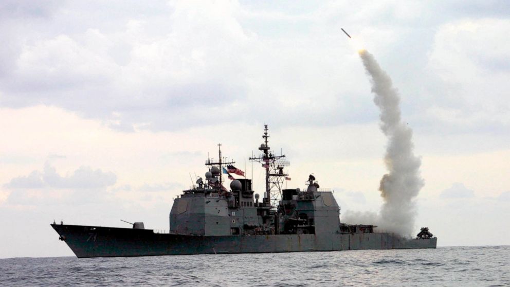 FILE - A Tomahawk Land Attack Missile (TLAM) launches from the guided missile cruiser USS Cape St. George (CG 71), in operation in the Mediterranean Sea, on March 23, 2003. Japan's defense spending will jump 20% to a record 6.8 trillion yen ($55 bill