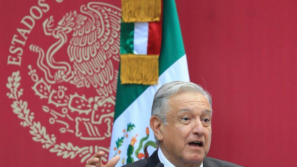 Mexican President Andres Manuel Lopez Obrador speaks to the Mexican delegation of athletes who will participate in the Pan American Games, during a send-off ceremony for them in Mexico City, Monday, July 15, 2019. Peru is hosting the Games. (AP Photo