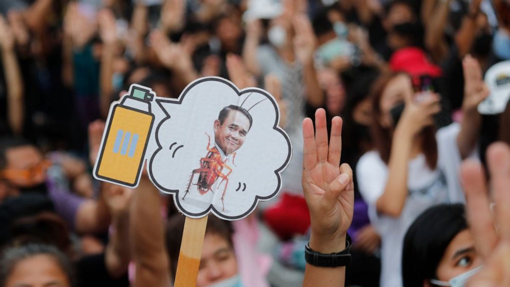 Pro-democracy activists display a placard with Thai Prime Minister Prayuth Chan-ocha's head attached to a cockroach during a protest outside remand prison, in which some of the activists are kept, in Bangkok, Thailand, Friday, Oct. 23, 2020. Thailand