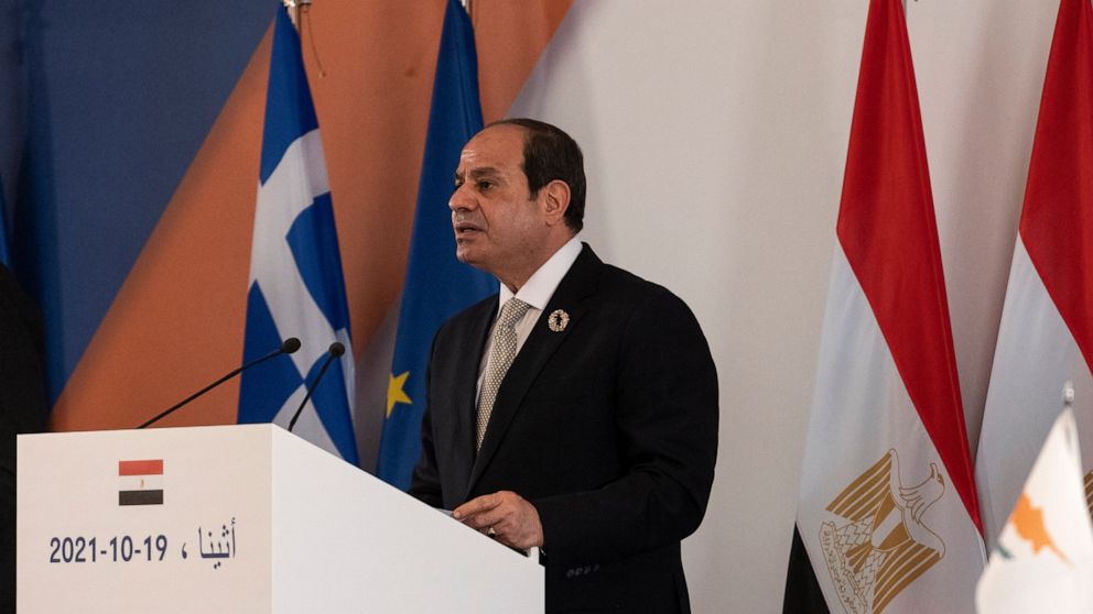 Egypt's President Abdel Fattah al-Sisi makes statements during a joint news briefing with Greece's Prime Minister Kyriakos MItsotakis and Cyprus' President Nicos Anastasiades, not pictured, in Athens, Greece, Tuesday, Oct. 19, 2021. Athens hosts the 