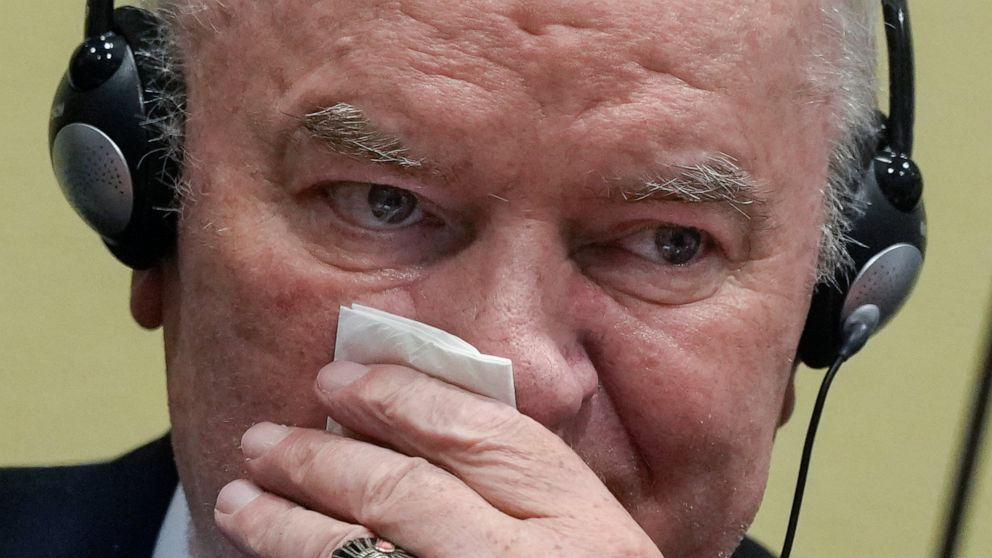 Former Bosnian Serb military chief Ratko Mladic sits in the court room in The Hague, Netherlands, Tuesday, June 8, 2021, where the United Nations court delivers its verdict in the appeal of Mladic against his convictions for genocide and other crimes