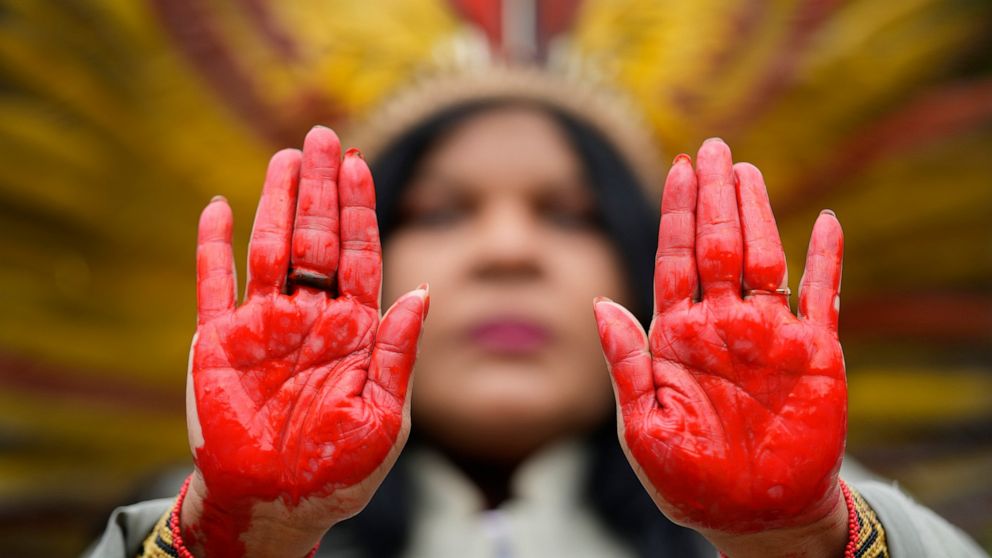 Indigenous leader Sonia Guajajara from the Guajajara ethnic group shows her hands painted in red symbolizing bloodshed, during a protest against violence, illegal logging, mining and ranching, and to demand government protection for their reserves, o