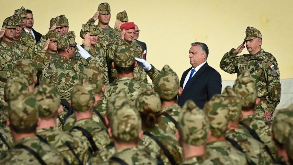 FILE - Hungarian Prime Minister Viktor Orban, attend the oath-taking ceremony of 250 volunteer soldiers in Budapest, Hungary, Saturday, Oct. 15, 2022. The leaders of four Central European countries are holding a summit in Slovakia to discuss energy, 
