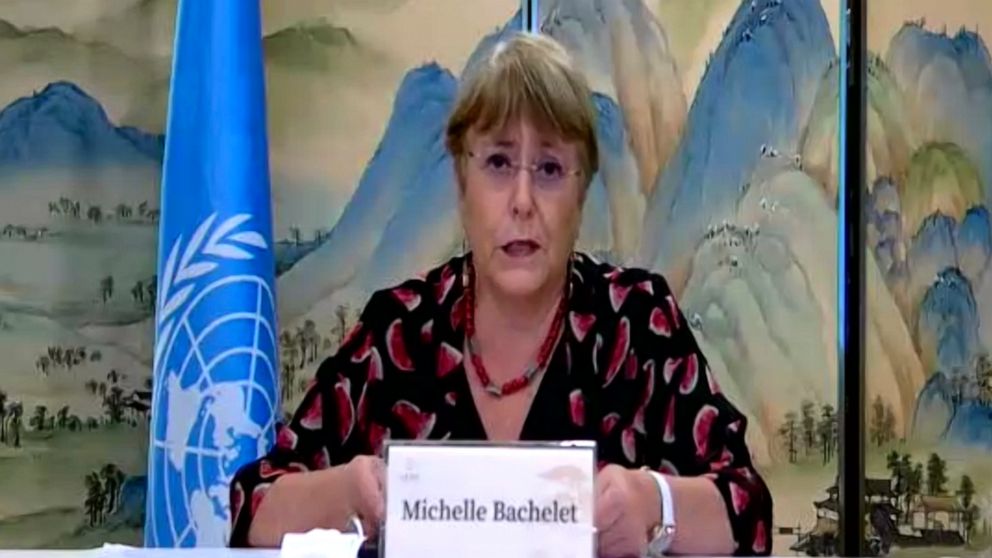 In this image made from online video, United Nations High Commissioner for Human Rights Michelle Bachelet speaks during an online press conference in Guangzhou in southern China's Guangdong Province, Saturday, May 28, 2022. Bachelet is on a six-day v