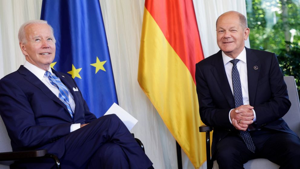 German Chancellor Olaf Scholz, right, welcomes US President Joe Biden, left, for a bilateral meeting at Castle Elmau in Kruen, near Garmisch-Partenkirchen, Germany, on Sunday, June 26, 2022. The Group of Seven leading economic powers are meeting in G