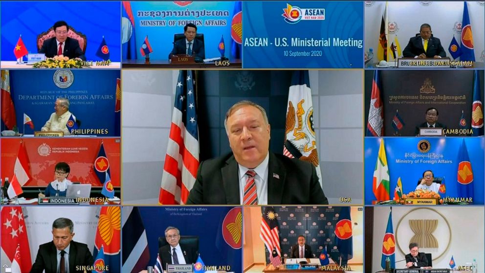 This image taken from video provided by VTV shows U.S. Secretary of State Mike Pompeo speaking during an online meeting with ASEAN foreign ministers on Thursday, Sept. 10, 2020. During the meeting, Pompeo slashed out on China saying Beijing does not 