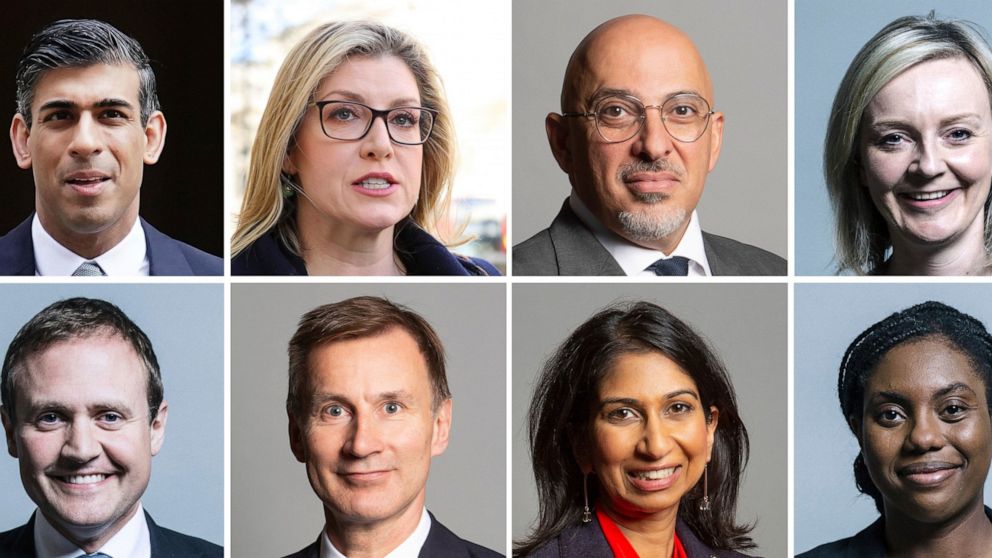 This undated handout photo from UK Parliament shows the candidates in the Conservative Party leadership race, top from left, Rishi Sunak, Penny Mordaunt, Nadhim Zahawi, and Liz Truss, bottom from left, Tom Tugendhat, Jeremy Hunt, Suella Braverman and