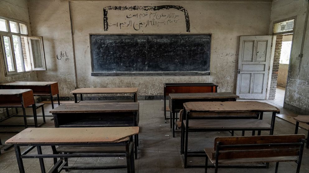 A classroom of a Hazara Shiite school sits empty in Kabul, Afghanistan, Sunday, July 31, 2022. Taliban authorities Saturday, Sept. 10, 2022, shut down girls schools above the sixth grade in eastern Afghanistan's Paktia province that had been briefly 