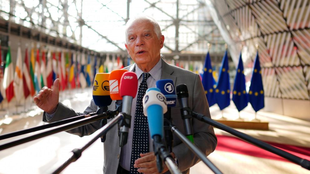 European Union foreign policy chief Josep Borrell speaks with the media as he arrives for a meeting of EU foreign ministers in Brussels on Monday, July 18, 2022. European Union foreign ministers are zooming in Monday on tightening the extensive packa