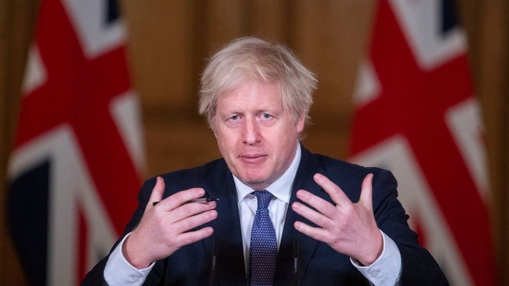 Britain's Prime Minister Boris Johnson speaks during a media briefing on COVID-19, in Downing Street, London, Friday Jan. 15, 2021. (Dominic Lipinski/Pool via AP)
