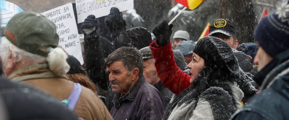 Opponents to the change of the ｃountrys constitutional name protest outside the parliament building prior to a session of the Macedonian Parliament in the capital Skopje, Wednesday, Jan. 9, 2019. Macedonian lawmakers are entering the last phase of d