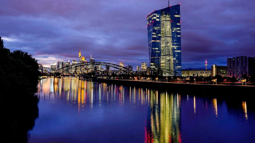 File---File picture taken Oct.6, 2021 shows the European Central Bank at the river Main in Frankfurt, Germany. A senior European Central Bank official says that raising interest rates prematurely could “choke off the recovery,” comments that come as 