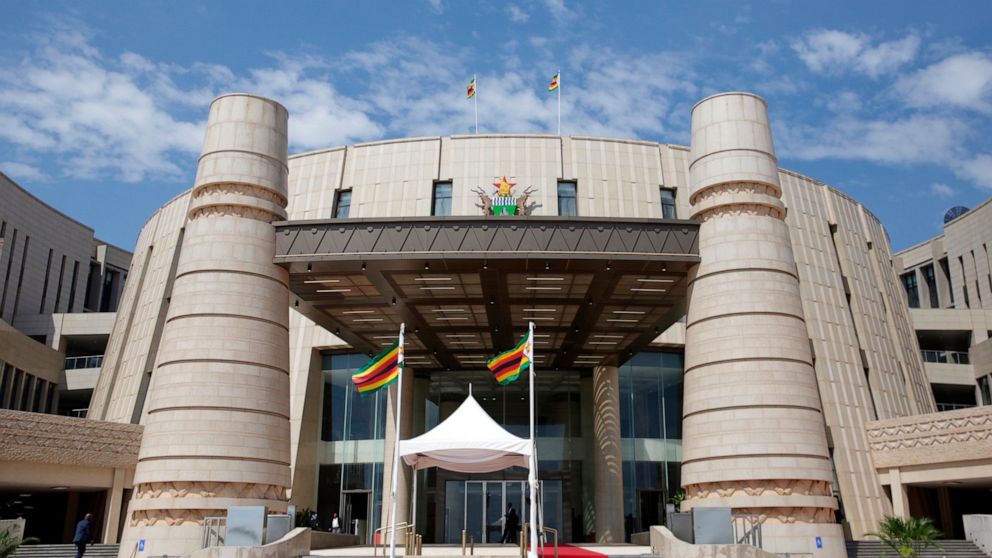 The entrance to the new Parliament building where Zimbabwean President Emmerson Mnangagwa delivered his State of the Nation Address in Mt Hampden, about 18 kilometres west of the capital Harare, Wednesday, Nov. 23, 2022. Mnangagwa hailed "excellent"