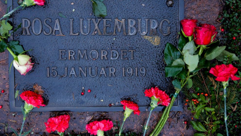 Carnations lay on the grave of former German socialists' leader Rosa Luxemburg at a cemetery Berlin, Sunday, Jan. 13, 2019. Prominent figures from the country's left have paid tribute to the founders of the German Communist Party and other socialisti