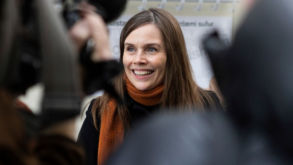 Iceland's Prime Minister Katrin Jakobsdottir speaks to the media after voting at a polling station in Reykjavik, Iceland, Saturday, Sept. 25, 2021. Icelanders are voting in a general election dominated by climate change, with an unprecedented number 