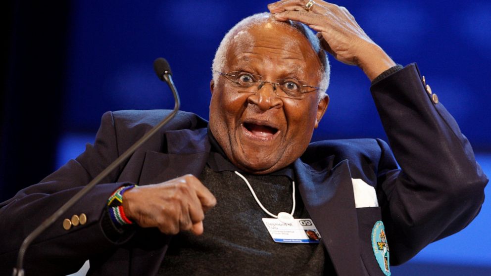 Desmond M. Tutu, Archbishop Emeritus of South Africa, reacts during the closing session of the the World Economic Forum in Davos, Switzerland, Sunday, Feb. 1, 2009. South Africa’s Nobel Peace Prize-winning activist for racial justice and LGBT rights 