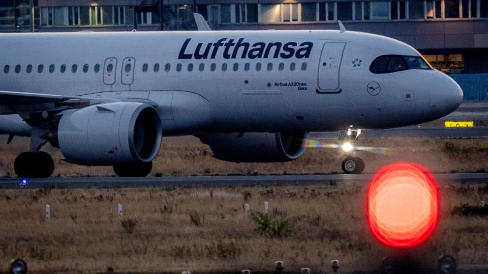 A Lufthansa aircraft rolls to the parking position at the airport in Frankfurt, Germany, Thursday, Sept. 1, 2022. Lufthansa pilots will go on strike on Friday. (AP Photo/Michael Probst)