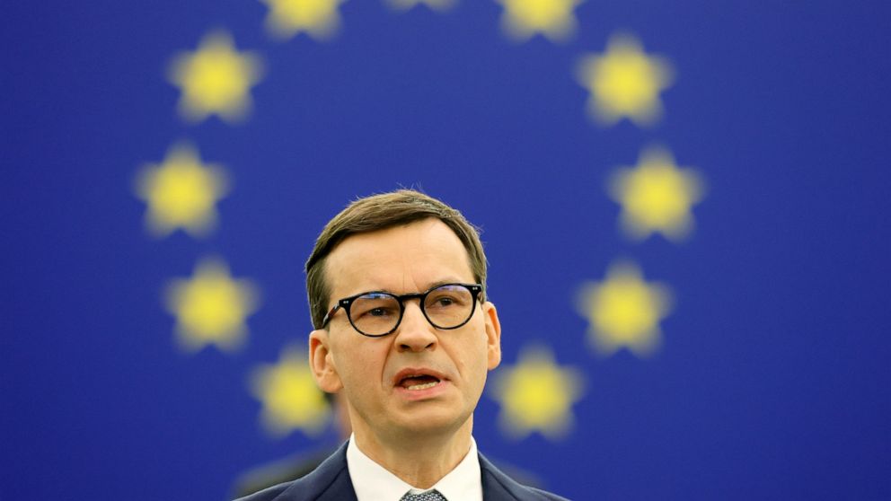 Poland's Prime Minister Mateusz Morawiecki delivers his speech Tuesday, Oct. 19, 2021 at the European Parliament in Strasbourg, eastern France. The European Union's top official locked horns Tuesday with Poland's prime minister, arguing that a recent