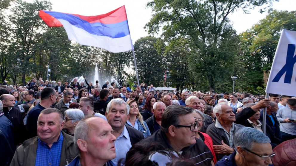 People protest against alleged election fraud in a general elections in the Bosnian town of Banja Luka, 240 kms northwest of Sarajevo, Thursday, Oct. 6, 2022. Opposition parties asking to open the bags and recount the votes for the President of Repub