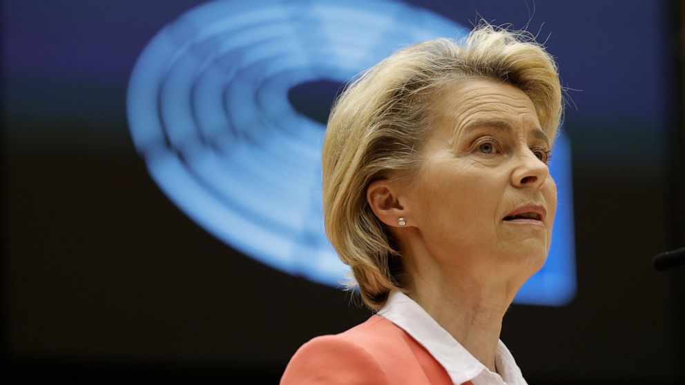 European Commission President Ursula von der Leyen speaks during a debate in the plenary at the European Parliament in Brussels, Monday, April 26, 2021. European Council President Charles Michel and European Commission President Ursula von der Leyen 