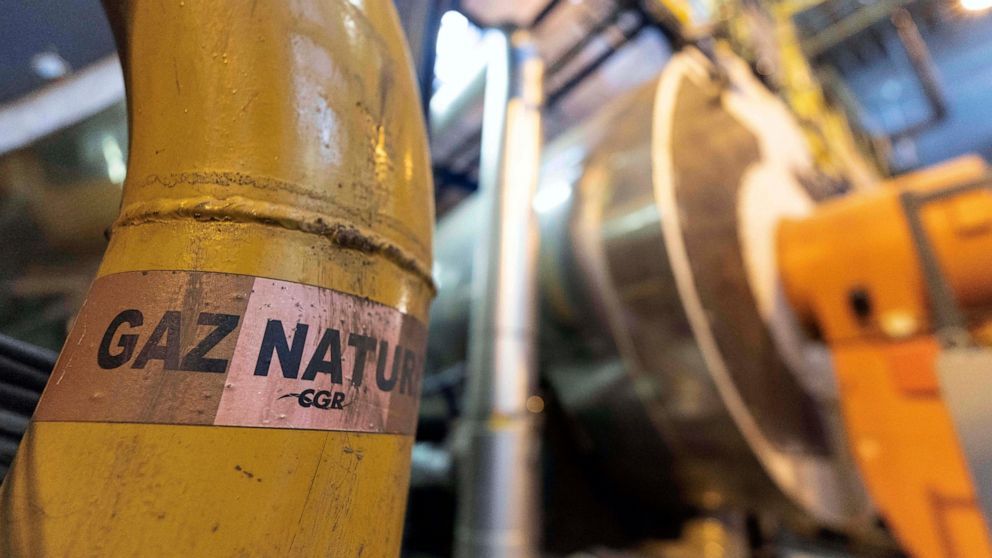 FILE - A sticker reads "natural gas" on a pipe at the French company R-CUA plant, in Strasbourg, eastern France, Oct. 7, 2022. The head of the International Energy Agency said Thursday, Nov. 24, 2022 that Europe should be able to cope with the natura