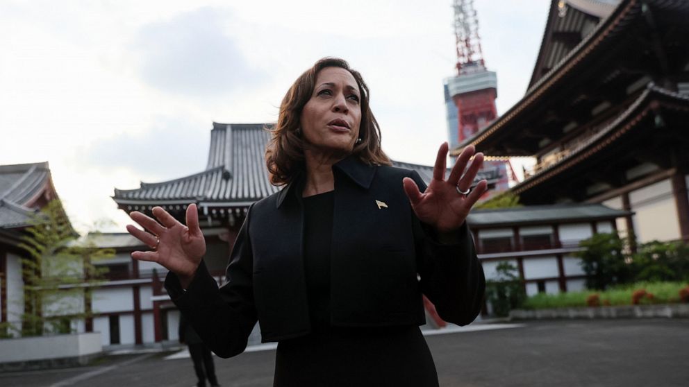 U.S. Vice President Kamala Harris visits Zojoji Temple on the day of the state funeral for former Prime Minister Shinzo Abe, Tuesday, Sept. 27, 2022, in Tokyo. (Leah Millis/Pool Photo via AP)