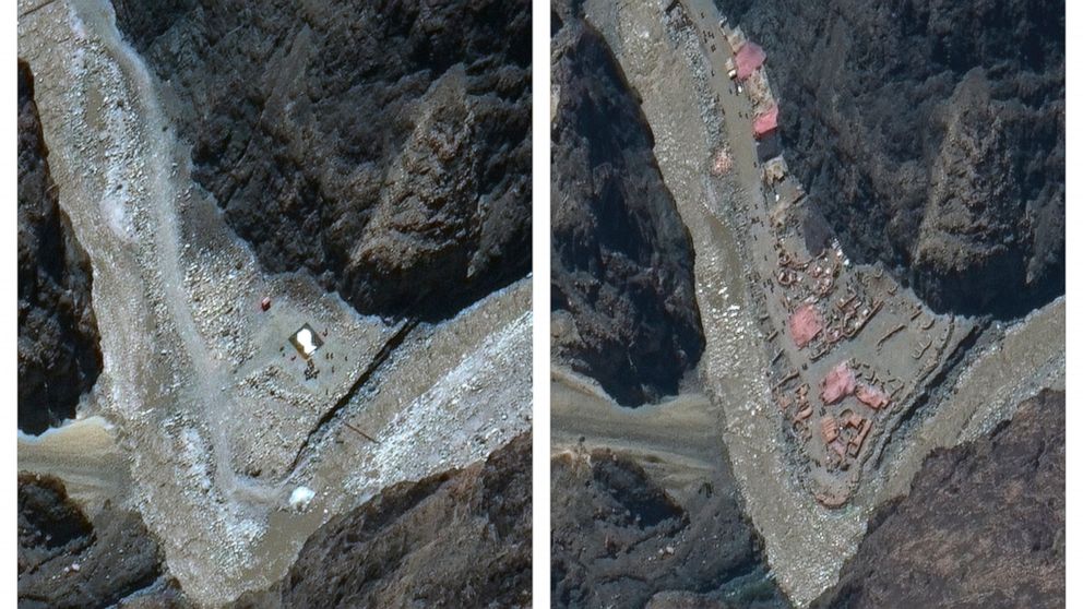 This combination of May 22, 2020, left, and June 23 satellite images provided by Maxar Technologies shows construction in the Galwan river valley near the disputed border known as the Line of Actual Control between India and China. On Monday, June 22