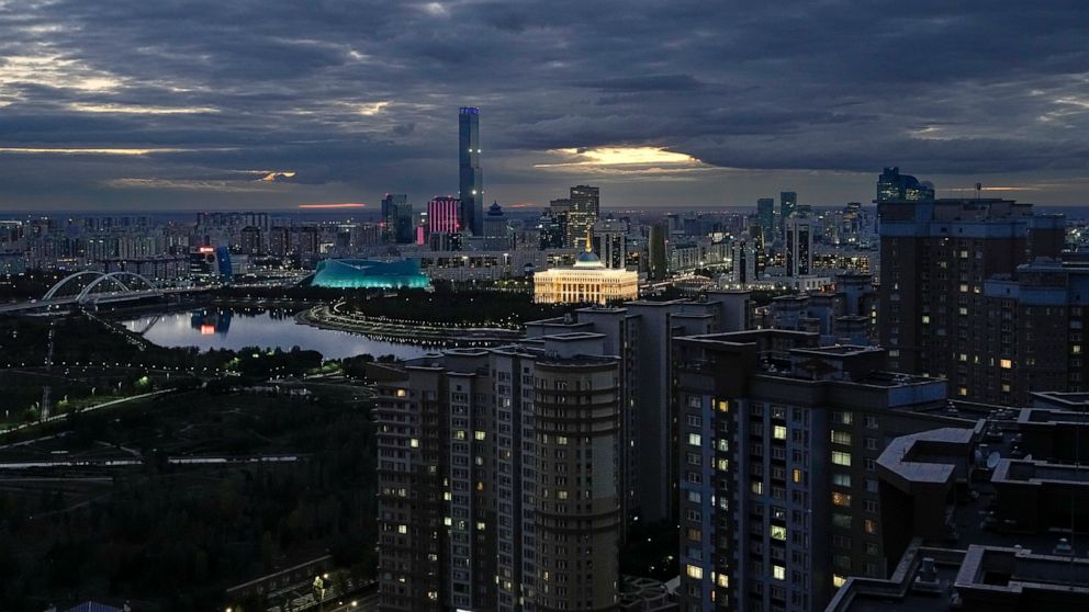 A night view of the capital Nur-Sultan, Kazakhstan, with the Presidential Palace seen in the center, Monday, Sept. 12, 2022. Pope Francis is going to the majority-Muslim former Soviet republic on Tuesday to minister to its tiny Catholic community and