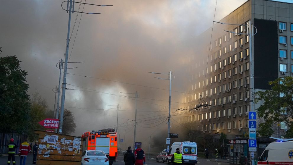 FILE- Smoke rises after a drone fired on buildings in Kyiv, Ukraine, Monday, Oct. 17, 2022. Surovikin has become the face of Russia’s new strategy in Ukraine, which includes unleashing a barrage of strikes against the country's infrastructure. (AP Ph