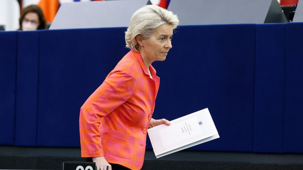 European Commission President Ursula von der Leyen leaves after delivering her speech at the European Parliament during the presentation of the program of activities of the Czech Republic's EU presidency, Wednesday, July 6, 2022 in Strasbourg, easter