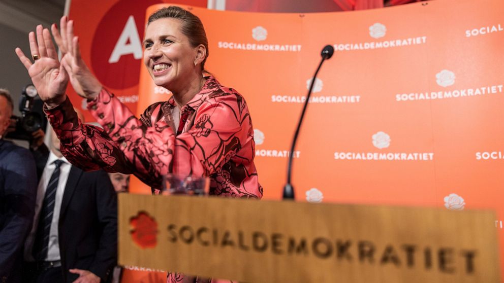 Denmark's Prime Minister and head of the the Social Democratic Party Mette Frederiksen speaks during the country's general election night at the party in Copenhagen, Denmark, Tuesday, Nov. 1, 2022. (Nikolai Linares/Ritzau Scanpix via AP)