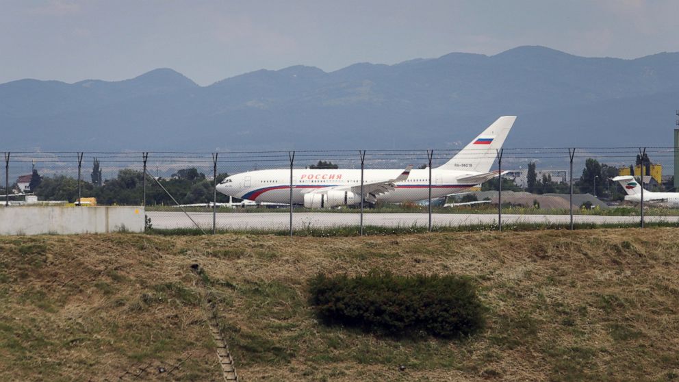 A Russian plane lands at Sofia's Airport, Sunday, July 3 2022. Two Russian airplanes were set to depart Bulgaria on Sunday with scores of Russian diplomatic staff and their families amid a mass expulsion that has sent tensions soaring between the his