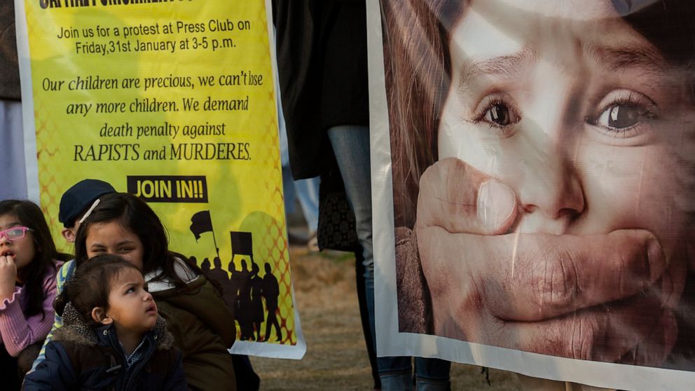 In this Jan. 31, 2020 photo, Pakistani children take part in rally against child abuse, in Islamabad, Pakistan. The Associated Press collected dozens of police reports from police stations across Pakistan that allege sexual harassment, rape and physi
