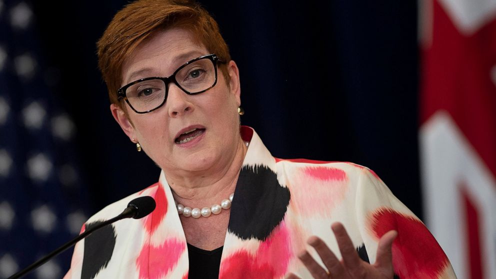 FILE - In this July 28, 2020, file photo, Australia's Foreign Minister Marise Payne speaks a news conference at the State Department in Washington. Australia has demanded Myanmar immediately release an Australian advisor to Aung San Suu Kyi’s governm